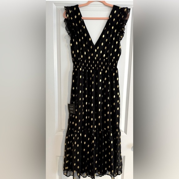LuLu’s Black and Gold Dot Ruffled Tiered Midi Dress Small - Picture 2 of 2
